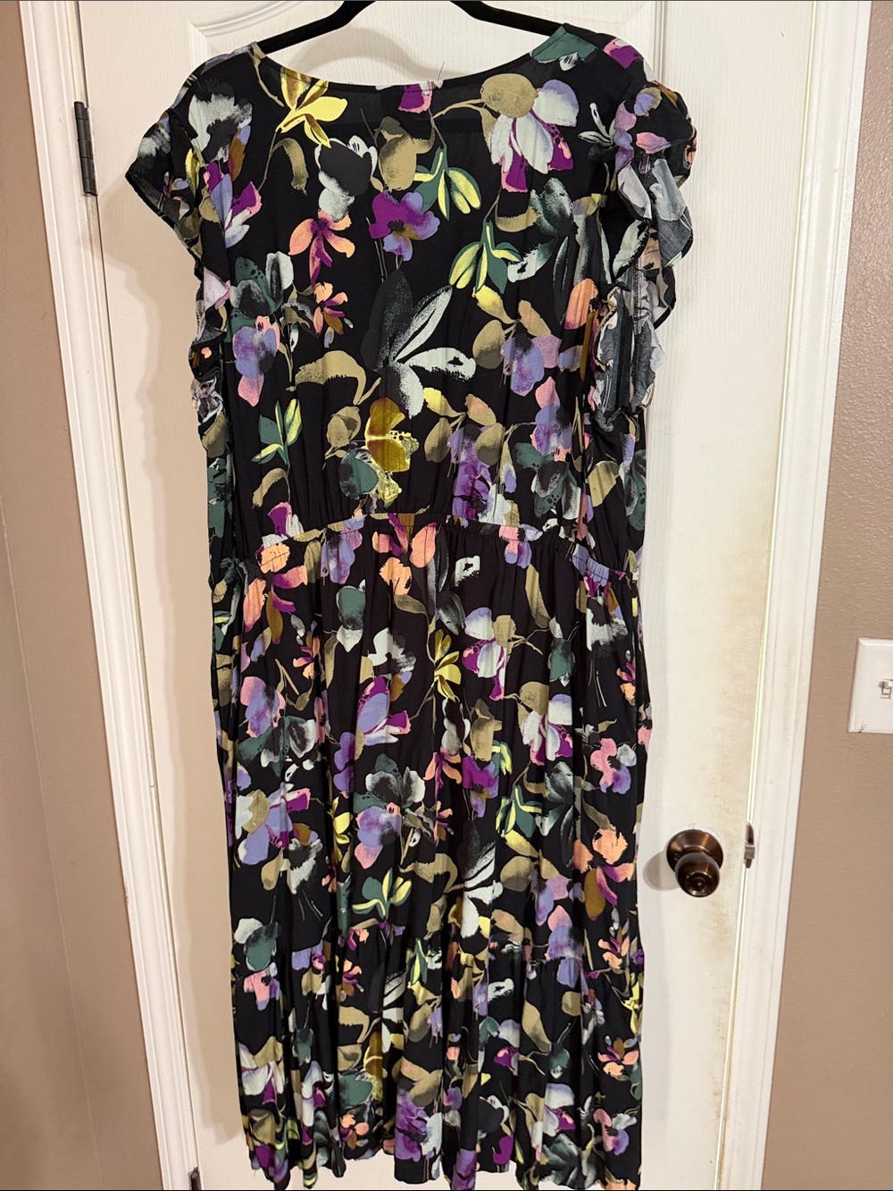 Ava & Viv Black Floral Midi Dress with Purple, Yellow, Green Accents - Picture 6 of 10